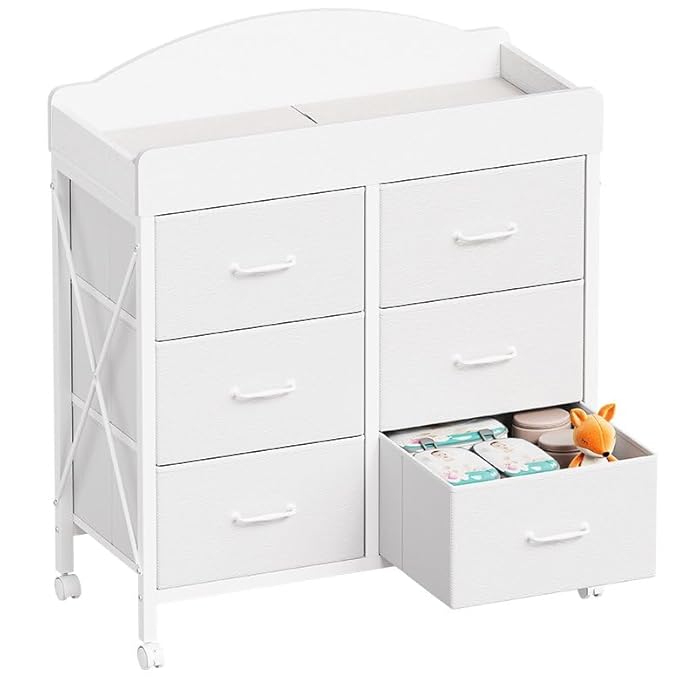Baby Changing Table Dresser with Wheels, 6-Fabric Drawer Baby Dresser with Changing Table Top, Waterproof Diaper Changing Station & Pad, Mobile Storage Unit, Compact Baby Furniture, White