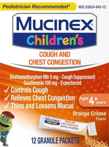 Mucinex Children's Chest Congestion Expectorant and Cough Suppressant Mini-Melts, Orange Cream, 12 Count (Packaging May Vary) (Pack of 2)