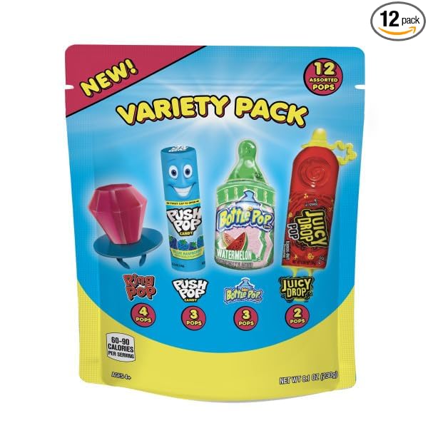 Candy Variety Pack Bag, 12 Ct Assorted Lollipops, Bulk Individually Wrapped Ring Pop, Push Pop, Baby Bottle Pop & Juicy Drop For Birthday Parties, Valentine's Gifts, Goodie Bags, Party Favors