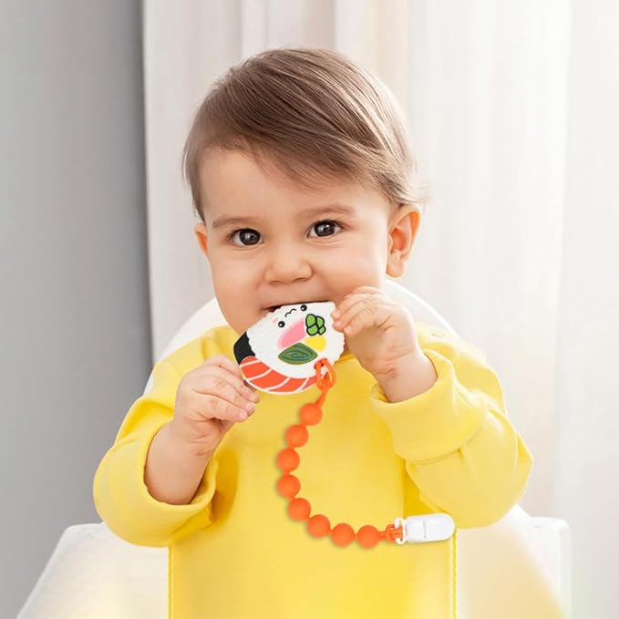 Baby Food Grade Silicone Teether Toy with Pacifier Clip Holder,Teething Toys Gift Set for 3 Months+ Boys and Girls,Freezer Safe,BPA Free. (Sushi)