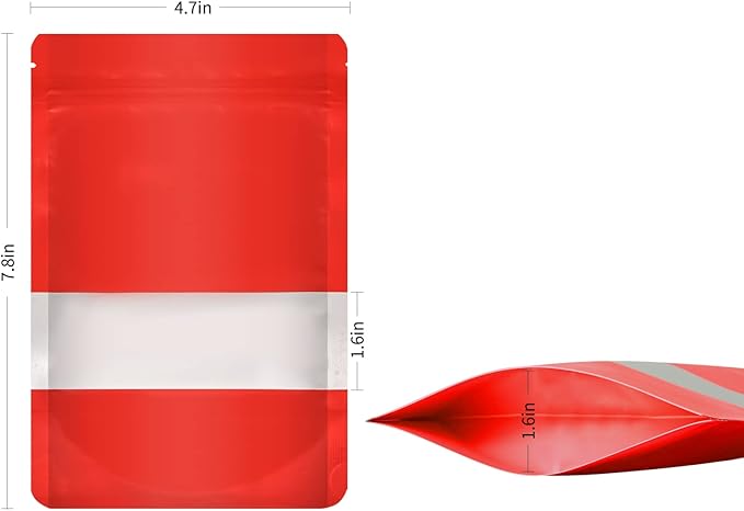 100 Pieces Smell Proof Mylar Bags, Resealable Food Storage Bags with Clear Window, Foil Pouch Stand-up Bags for Food Self Sealing Storage Supplies (Red, 4.7 x 7.8 Inch)