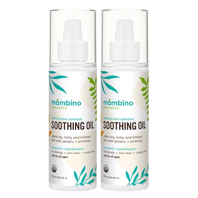 Mambino Organics Soothing Baby Oil, Body Oil for Dry, Itchy Skin, Gentle for Babies, Kids, Vegan, Baby Care Products, 2 Pack, 5 fl oz