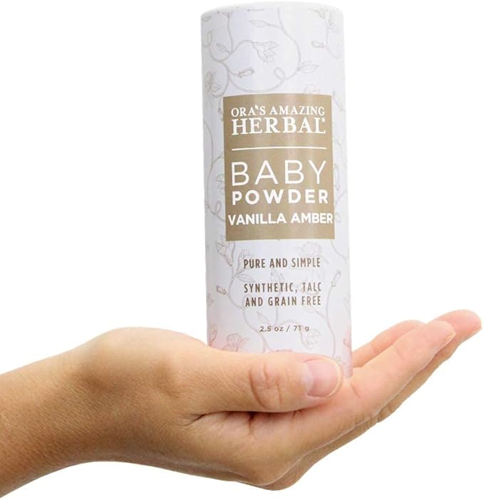 Baby Powder Talc-Free, Real Vanilla Amber Natural Scent, Cornstarch Free Arrowroot and Clay Based Powder, Synthetic Fragrance Free, Ora's Amazing Herbal, 2.5 oz
