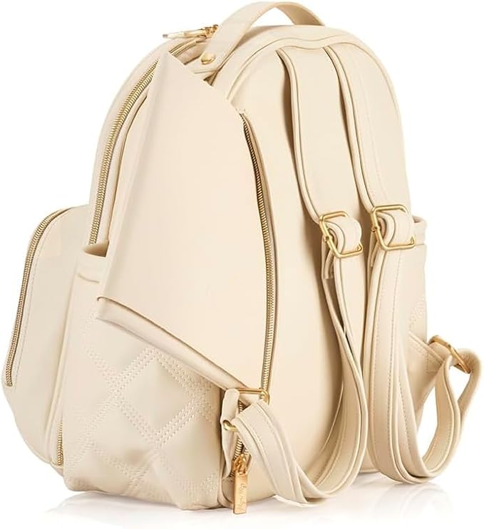 Itzy Ritzy Mini Diaper Bag Backpack – Chic, Compact Mini Plus Backpack with Changing Pad, 10 Pockets (6 Internal, 4 External), Grab-Top Handle & Rubber Feet (Milk & Honey)
