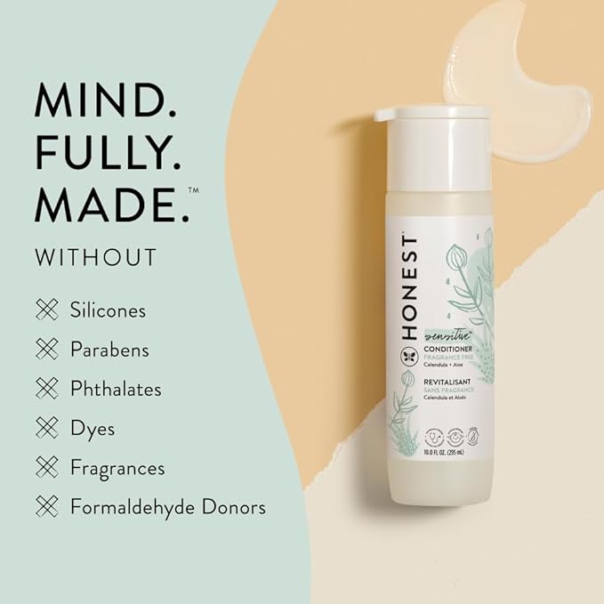The Honest Company Silicone-Free Conditioner, Gentle, Hypoallergenic, Naturally Derived Ingredients, Fragrance-Free for Sensitive Skin, 10 fl oz