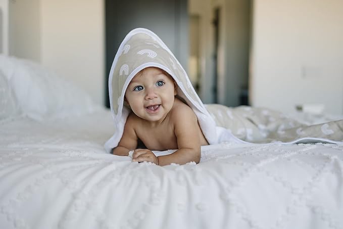 Mebie Baby Muslin Hooded Towel, Sand Rainbow, Cute Hooded Baby Bath Towel for Newborn, Infant & Toddler, Modern Baby Towels and Washcloths for Boy & Girl, Floral & Pattern Hooded Baby Towels