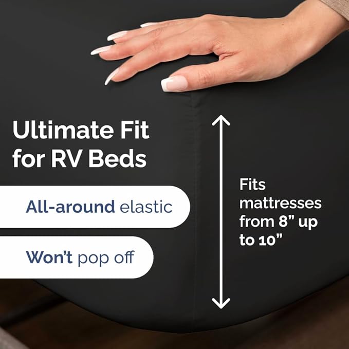 RV Short Queen Sheet Set 60 X 75 - 4 Piece RV Short Queen Bed Sheets - Soft, Breathable and Cooling - Designed for Bunks, Trailers & Campers - Fits 8” to 12" Mattress - Hotel Luxury Bedding - Black