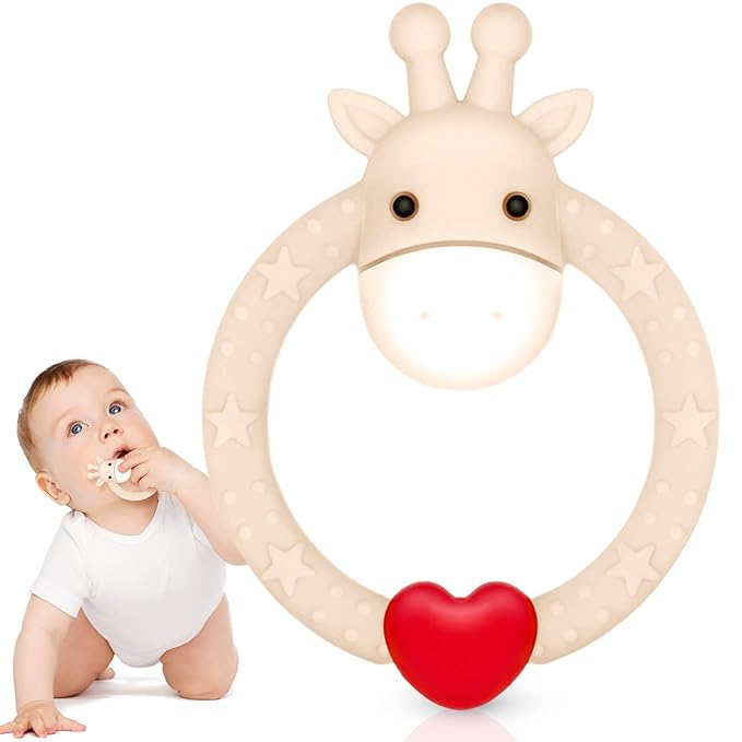 SHARE&CARE Easter Day Gifts Silicone Giraffe Baby Teether Toy with Storage Case, for 3 Months Above Infant Sore Gums Pain Relief, Baby Teething Toys, Women Gift for Mom, Wife, Her (Cream)