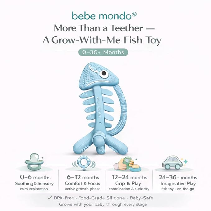 3 in 1 Infant Toys, Baby Teething Toys 3–6 6–12 Months, Teethers for Babies 0–3–6–12 Months for Teething Relief, Baby Gift, Baby Teether Toys,Silicone Sensory Toys,USA Patent Pending,Fish (Baby Blue)