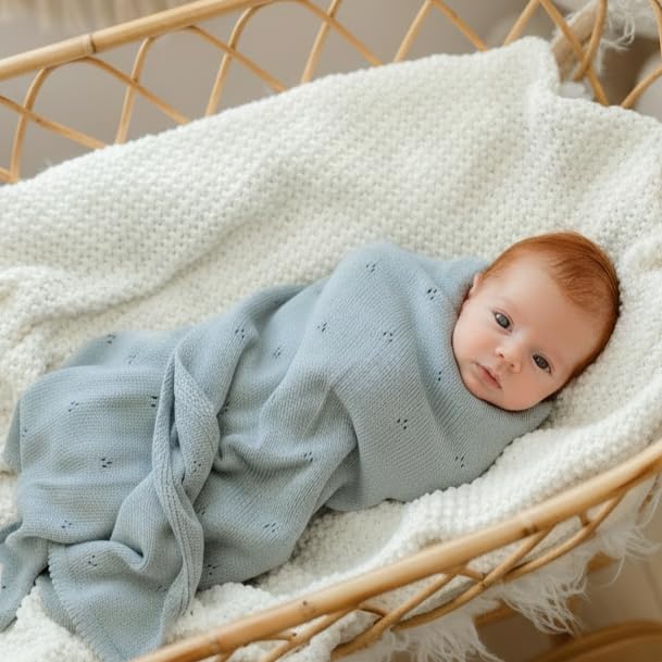 Baby Gift Set - Organic Cotton Newborn Blanket Essentials, Thoughtful Baby Shower & New Baby Gift for Boys & Girls (Pointelle - Powder Blue)