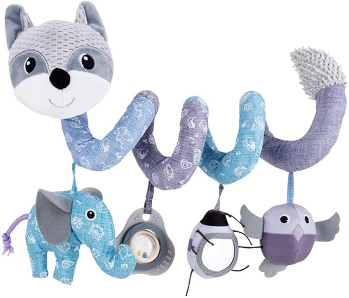 Jollybaby Crib Stroller Car Seat Toys for Baby 0-3-6-9-12 Months, Tummy Time Hanging Sensory Toys for Newborn with Music Box and Teether, Spiral Carseat Toy for Infant Boys Girls Gifts (12-Grey Fox)