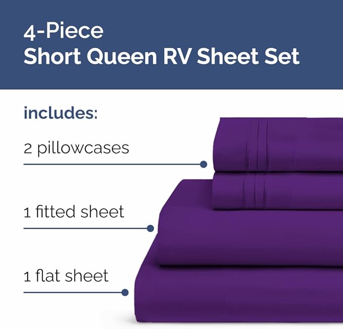 RV Short Queen Sheet Set 60 X 75 - 4 Piece RV Short Queen Bed Sheets - Soft, Breathable & Cooling - Designed for Bunks, Trailers and Campers - Fits 8” to 12" Mattress - Hotel Luxury Bedding - Purple