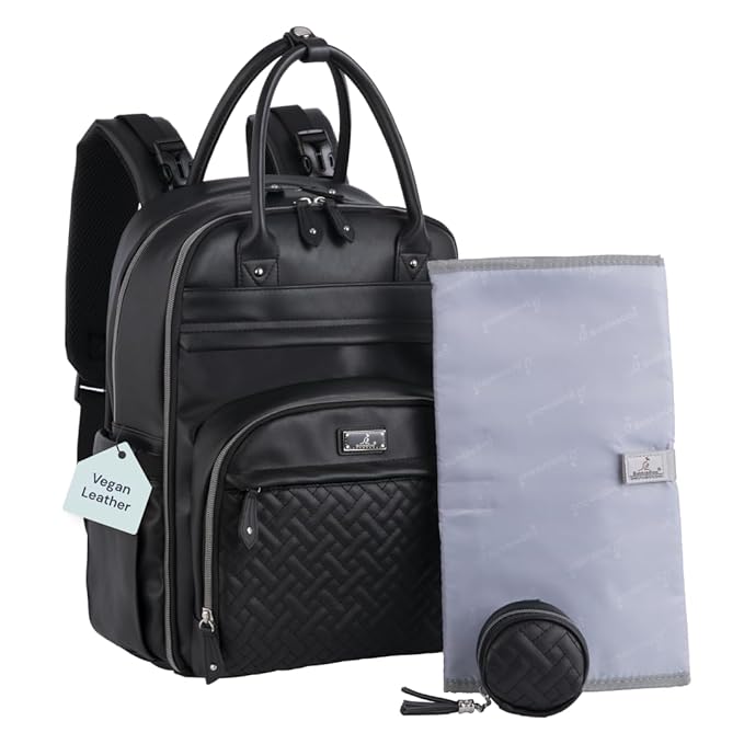 BabbleRoo Leather Diaper Bag Backpack - Baby Essentials Travel Baby Bag, Multi function, with Changing Pad, Stroller Straps & Pacifier Case – Unisex, Black