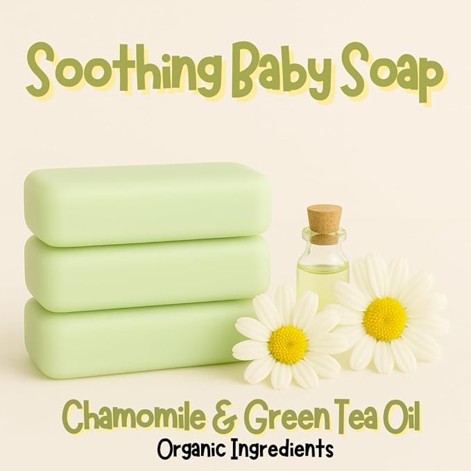 Hypoallergenic Baby Soap Bar | Gentle Cleansing Baby Body Wash Bar for Sensitive Skin | Chamomile & Green Tea | Made with Organic Oils | Natural Soap for Toddlers, Kids, and Adults | 3 Bars