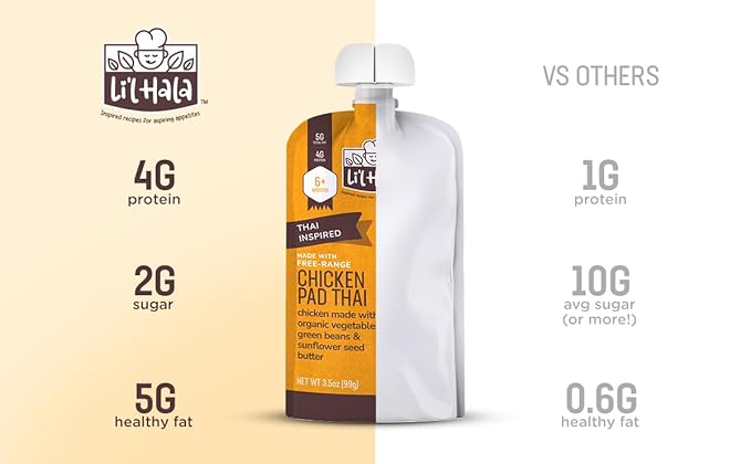 Li'l Hala Foods - Baby Meat Pouches - Toddler Meals with Meat – Protein & Healthy Fats Puree – No Hormones – 6+ Months – 3.5 oz (12 Pack) (Chicken Pad Tha)