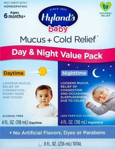 Hyland's Baby Mucus and Cold Relief, Day & Night Value, Infant and Baby Cold Medicine, Decongestant & Cough Relief, 4 Fl Oz, (Pack of 4)