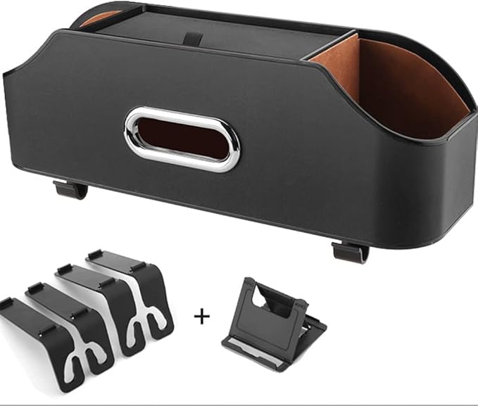 New car headrest Rear seat Multifunctional Storage Box, partition Design, with Cup Holder, Tissue Box, headrest Hook, Suitable for Children and Adults, car Travel Accessories (Black)
