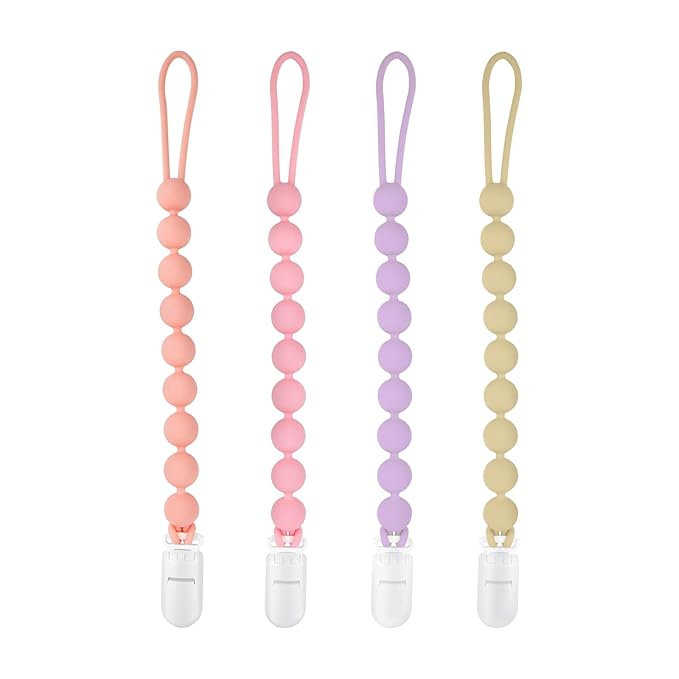 Silicone Pacifier Clip Holder, 4 Pack One Piece Soft Flexible Binky Clips Pacifier Holder Clip for Girls, Baby Girl Newborn Essentials