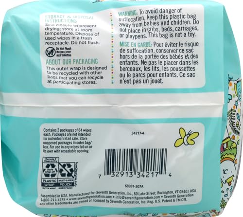 Seventh Generation, Baby Wipes, Unscented and Sensitive, 64 Count (Pack of 2)