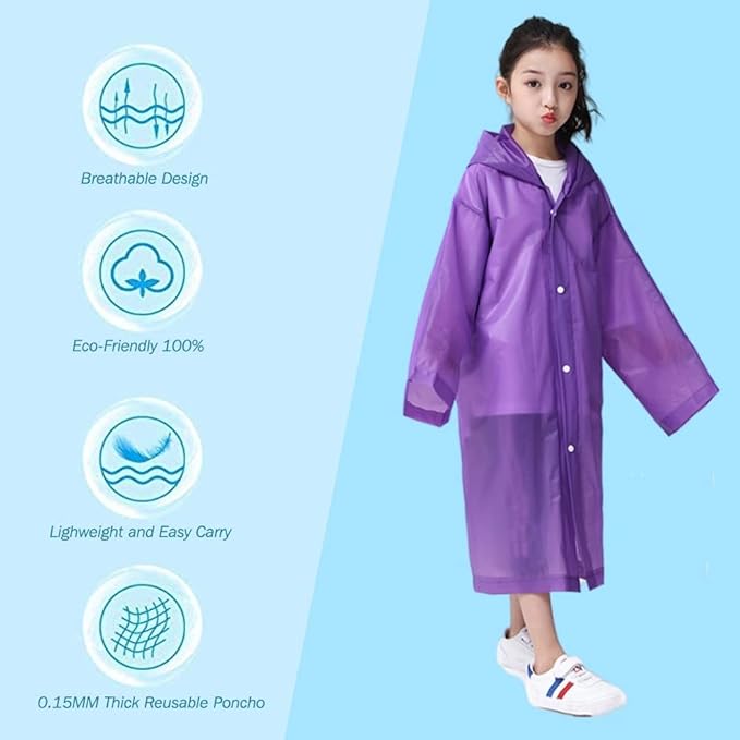 Raincoat Rain Poncho for Kids, 2-5 Pack Reusable EVA Rain Coats for 6-14 Boys Girls, Rain Jackets Gear with Hood