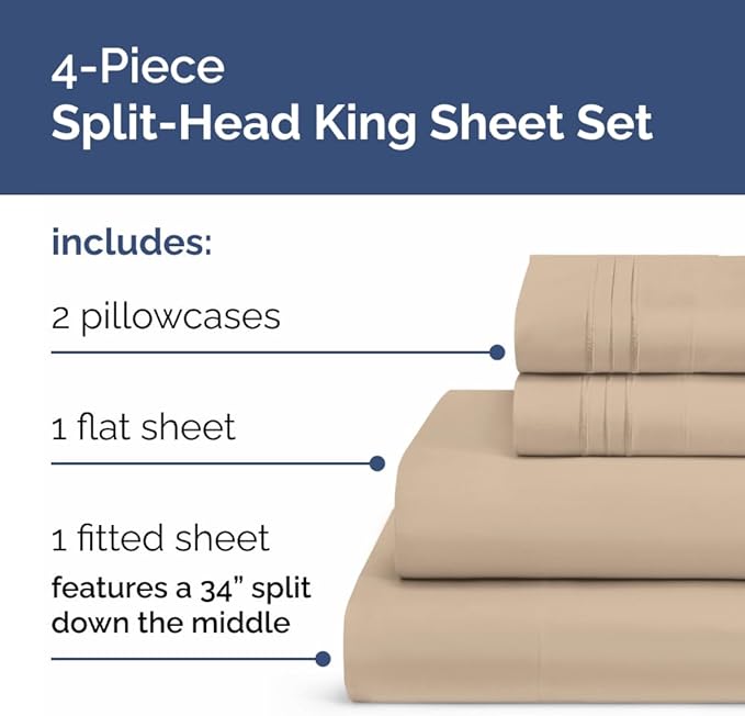 Flex Top Split Head King 4 Piece Sheet Set - Comfy Breathable & Cooling Bed Sheets Set - Hotel Luxury Bedding for Women, Men, Kids, Teens, Boys & Girls - Deep Pockets, Ultra-Soft - Oeko-Tex - Cream