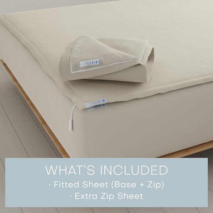 QuickZip Fitted Plus Spare Bundle: 1 Fitted Sheet (Base + Zip Sheet) & 1 Zip Sheet - Easy to Change, Won’t Pop Off - Soft Sateen 400 TC 100% Cotton - 16” Deep Pockets Queen Size Sheets – Sand