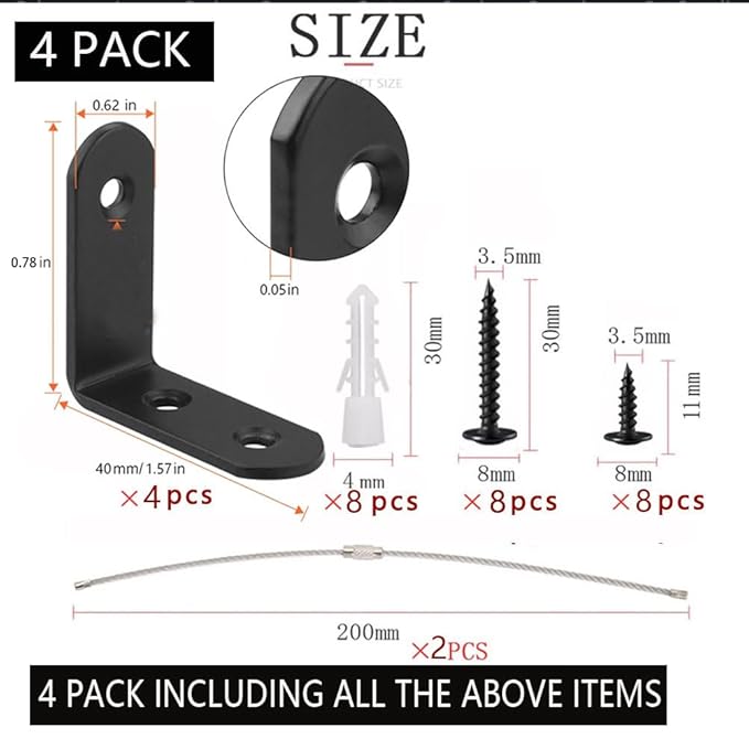 Dresser Anchors to Wall | Anti Tip Furniture Wall Anchor Kit for Baby Proofing 2 Installation Methods Safety Straps Secure Bookcase & Dresser to Wall (Black, 1.4 in)