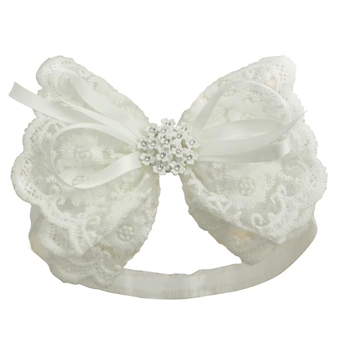 White Baby Bow Headband for Baptism Christening Satin Lace Hair Band with Cross for Toddler (Embroidery Lace white bow with pearl-5, 6 months-2 years old)