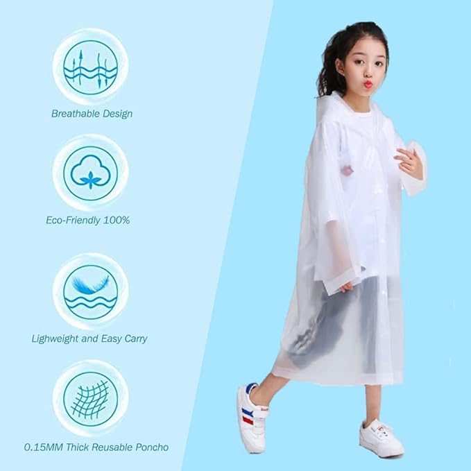 Raincoat Rain Poncho for Kids, 2-5 Pack Reusable EVA Rain Coats for 6-14 Boys Girls, Rain Jackets Gear with Hood