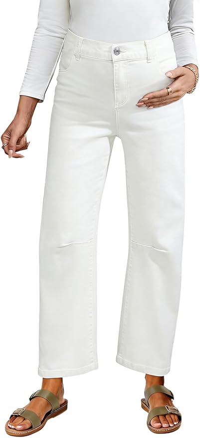 BLENCOT Women's Maternity Jeans Elastic Hight Waist Stretch Barrel Jeans Wide Leg Side Panel Pregnancy Denim Pants