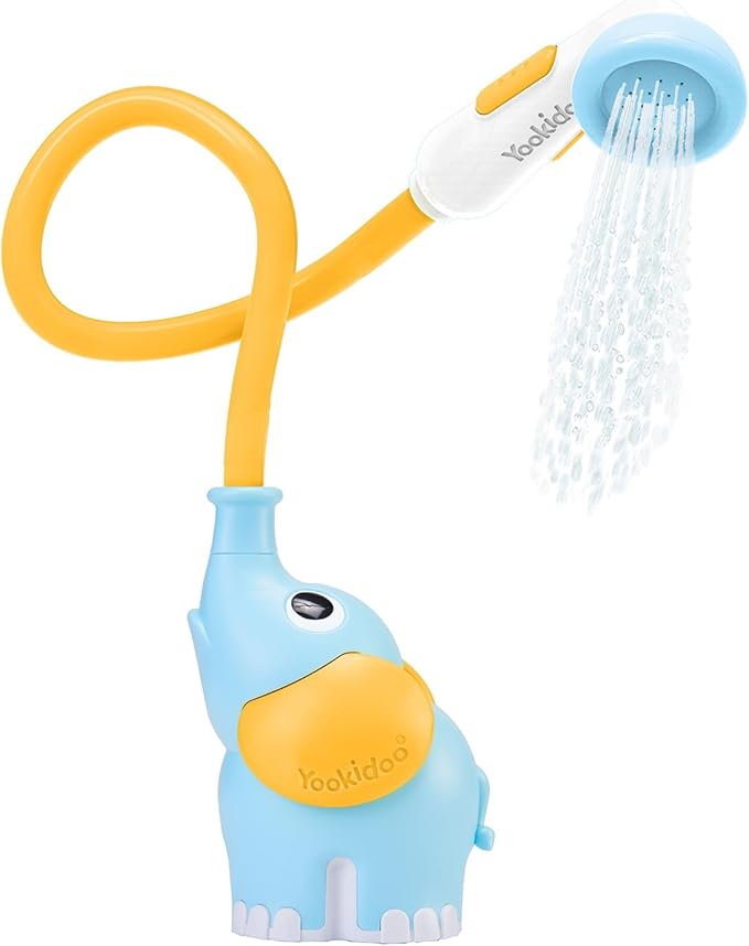 Yookidoo Baby Bath Shower Head – Elephant Water Pump with Trunk Spout Sprayer & Rinser, Dual Knob Flow Control, Bath Time Essential for Newborns, Tub or Sink (Blue & Orange)