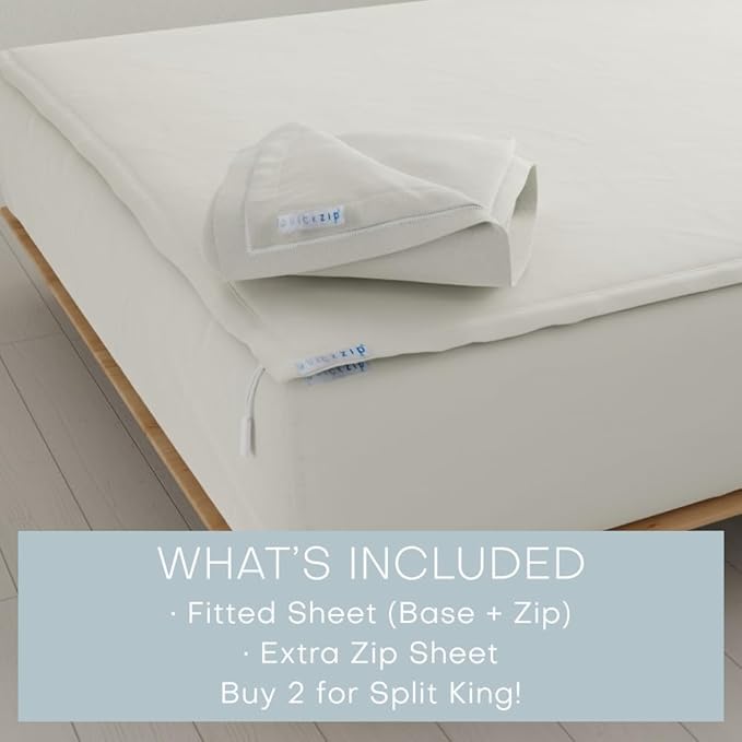 QuickZip Fitted Sheet & Zip Sheet Bundle: Easy to Change, Won't Pop Off - Soft Percale 400 TC 100% Cotton - 15' Deep Pockets Twin XL, Ivory
