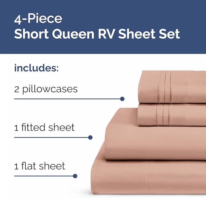 RV Short Queen Sheet Set 60 X 75 - 4 Piece RV Short Queen Bed Sheets - Soft, Breathable & Cooling - Designed for Bunks, Trailers and Campers - Fits 8” to 12" Mattress - Hotel Luxury Bedding - Mauve