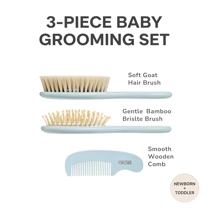 Baby Hair Brush Set for Newborns - Baby Brush and Comb Set - Ultra Soft Goat Hair Bristles, Perfect for Cradle Cap, Newborn Showers & Registries Gift, Comb Brush for Girls & Boys (Sky)