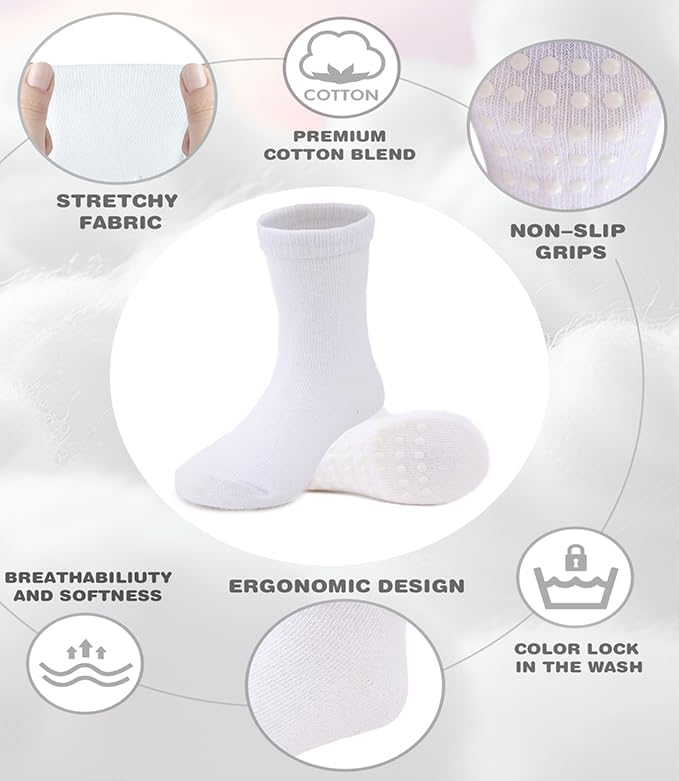 JAKIDAR 12 Pack Baby Toddler Socks Non Slip Grip Cotton Crew Socks for Boys Girls Infants Kids