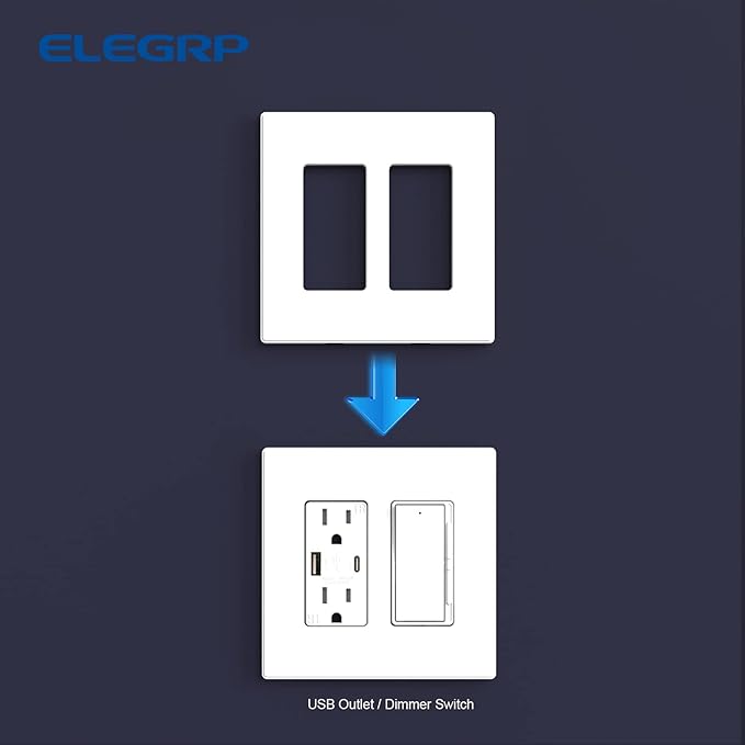 ELEGRP 2-Gang Screwless Decorative Wall Plates, Mid-Size 4.88" height x 4.94" length Unbreakable Thermoplastic Faceplate Cover for Decorator Receptacle Outlet & Switch, UL Listed (1 Pack, Matte White)