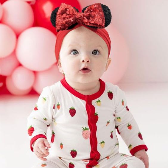 3PCS Baby Girl Mouse Ears Headbands with Sequin Bow, 4.5inches Wide Nylon Turban Hairband, Theme Park Headwear, Hair Bow Headband for Toddler, Kids, Party Supplies