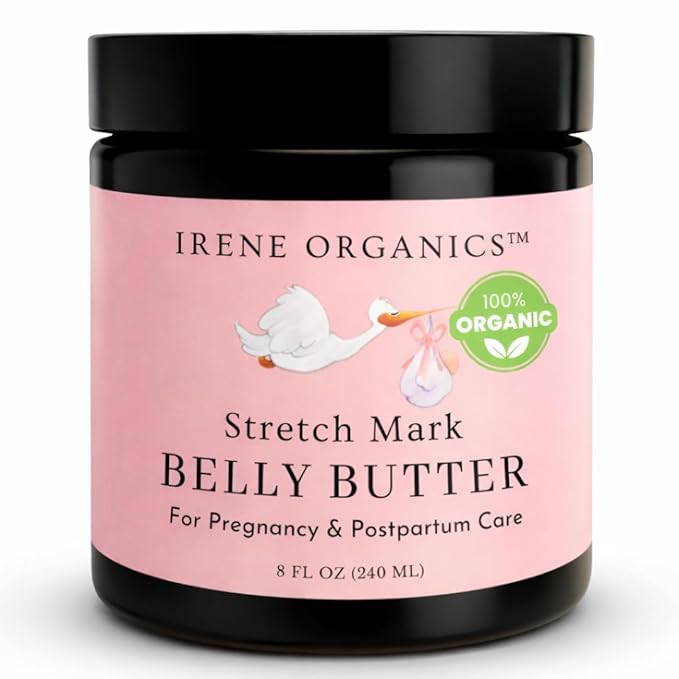 Irene Organics Organic Belly Butter for Pregnancy Stretch Mark Prevention and Treatment Award Winning Anti Stretch Mark Tummy Balm For Pregnancy and Postpartum 8oz - Hydrating Bump Cream