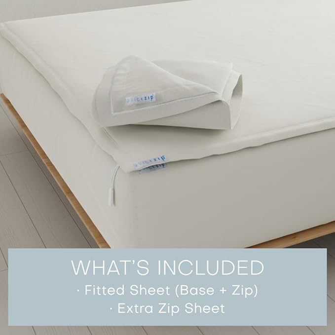 QuickZip Fitted Plus Spare Bundle: 1 Fitted Sheet (Base + Zip Sheet) & 1 Zip Sheet - Easy to Change, Won’t Pop Off - Soft Percale 400 TC 100% Cotton - 16” Deep Pockets Queen Size Sheets – Ivory