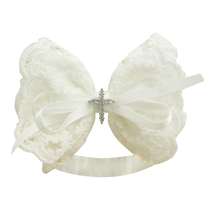 White Baby Bow Headband for Baptism Christening Satin Lace Hair Band with Cross for Toddler (Embroidery Lace white bow-6, 0-6 months)