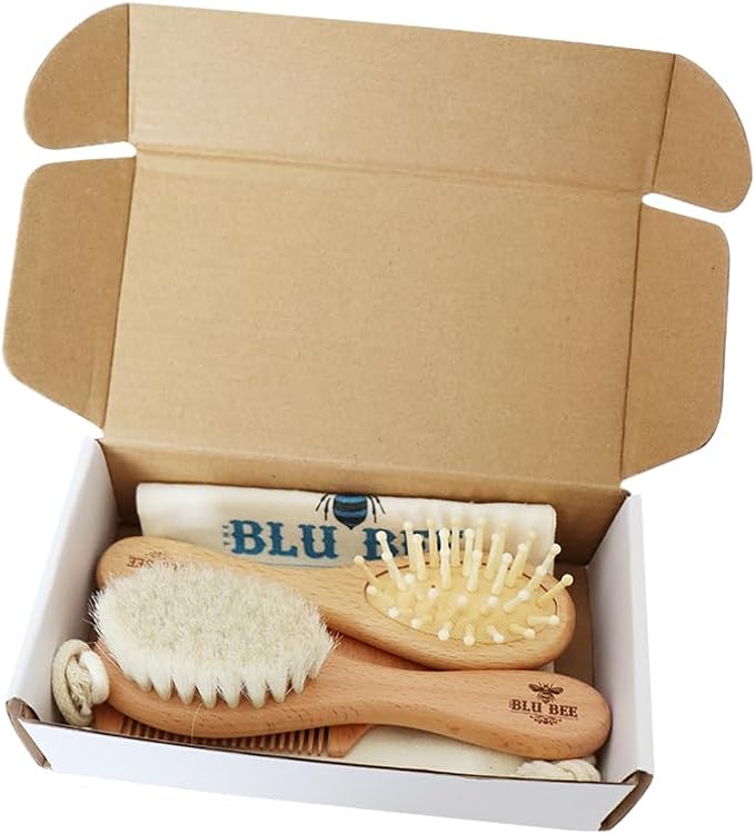 The Hat Pros Wooden Baby Hairbrush & Comb Set | Soft Goat Hair Brush for New Born & Toddlers, Prevents Cradle Cap, 3-in-1 Gift Set for Baby Shower Celebrations