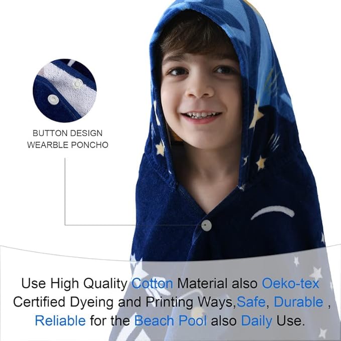 VOOVA & MOVAS Toddler Bath Towel with Hood for Kids Age 3-8, 30''X50, Soft | Thick | Absorbent Cotton Wrap Blanket, Beach, Pool, Swim | Bath Use, Dinosaur Under The UFO