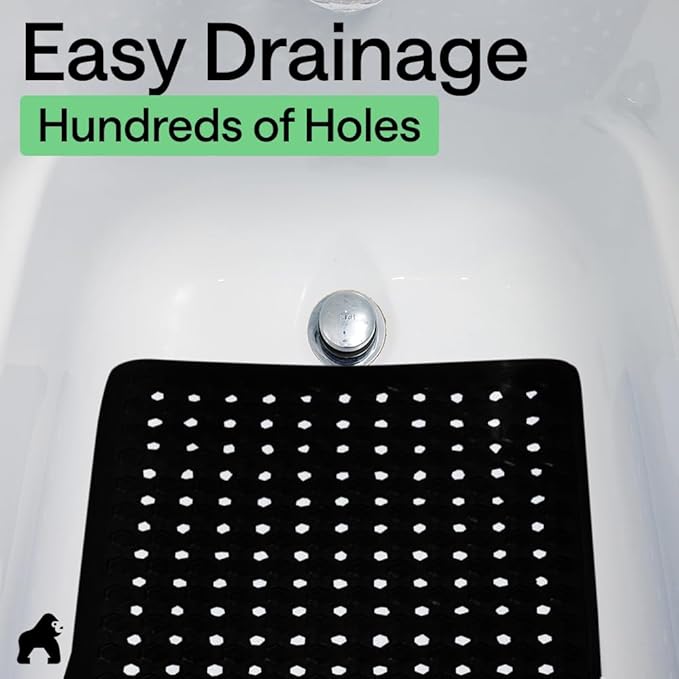 GORILLA GRIP Patented Bath Tub Shower Mat, Machine Washable Bathtub Floor Liner Mats, Suction Cups and Drain Holes to Keep Tubs Clean, Soft on Feet, Bathroom Essentials, 35x16 Inch, Black
