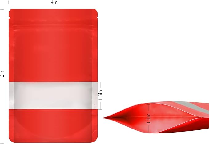 100 Pieces Smell Proof Mylar Bags, Resealable Food Storage Bags with Clear Window, Foil Pouch Stand-up Bags for Food Self Sealing Storage Supplies (Red, 4 x 6 Inch)