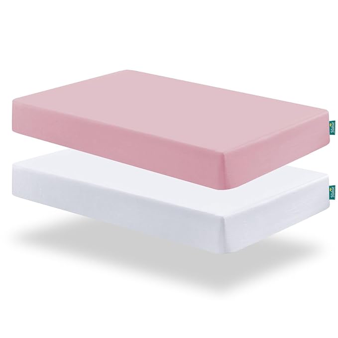 Biloban Pack and Play Sheets Fitted, 2 Pack Pack and Play Sheet Fits for Graco Pack n Play Mattress, Neutral Playard Sheets for Baby Boys and Girl, White & Pink
