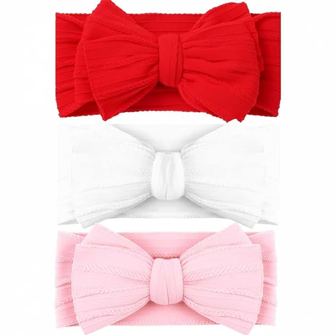 Valentines Baby Girl Bows Newborn Headband Stretchy Double Bows Soft Infant Toddlers (Red white pink)