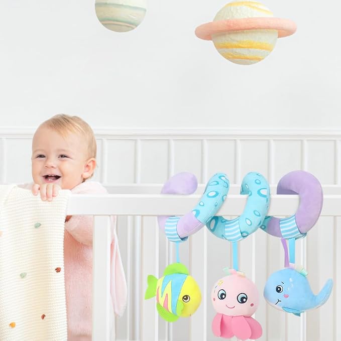 Caterbee Baby Stroller Toy, Activity Spiral Plush bar Toy Accessories, Car Seat Toys with Bell for boy or Girl 0 Months+ (Ocean)