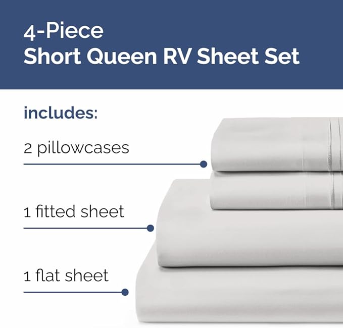 RV Short Queen Sheet Set 60 X 75 - 4 Piece RV Short Queen Bed Sheets - Soft, Breathable & Cooling - Designed for Bunks, Trailers & Camper - Fits 8” to 12" Mattress - Hotel Luxury Bedding - French Grey