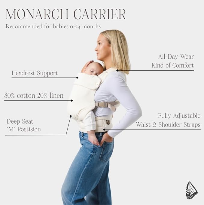 Mabē Monarch Ergonomic Baby Carrier – Premium Cotton Soft Structured Newborn to Toddler Carrier with Hip-Healthy Design, 3 Carry Positions (7-35lbs), Lightweight & Breathable, (Lilac Skies)