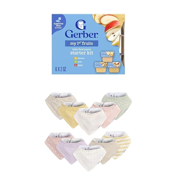 Gerber My 1st Fruits Starter Kit, Banana, Pear & Apple Puree, 2 Ounce Tubs, 2-Pack (Set of 6) with Gerber Bib Set, Pink